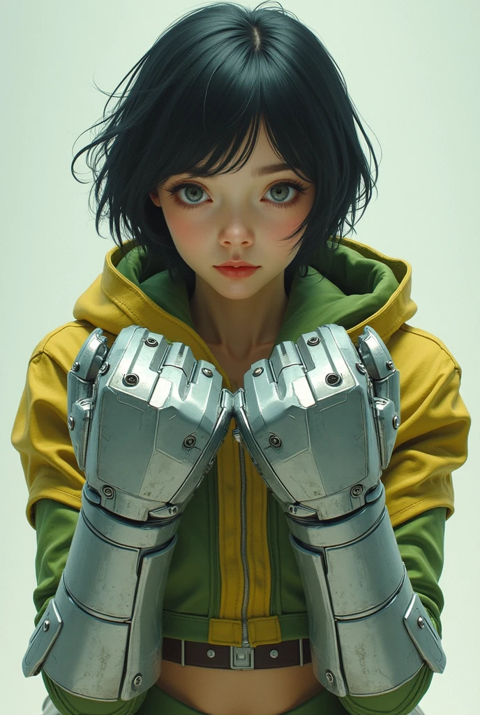 16 year old girl, blind, with a very serious face, with giant robotic hands, yellow and green clothing, very white and light skin, dull grey eyes, very dark black short hair
