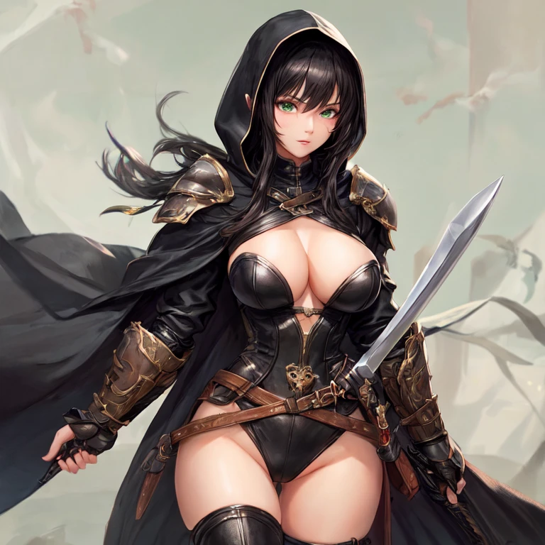 Tall female elf assassin with black hair and green eyes dressed in leather armor with a black robe and hood large breasts and daggers