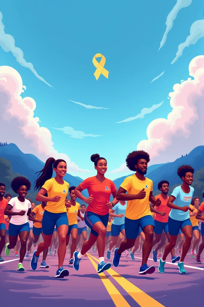 Create an illustration of people running for an event. Title of the backdrop is ‘mental health run’. Main colors are blue and purple. Save the middle space for logo.