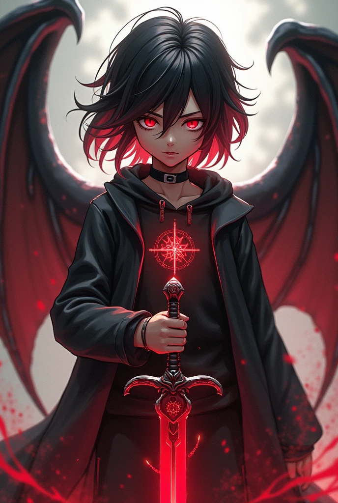 A realistic enemy boy
A sowrd with red spell power
Medium size hair
Hair colour red and black mixed
4 black Wings in his back side
Eyes colour red
Imagical symbol on his chest
A Damon symbol in his hand