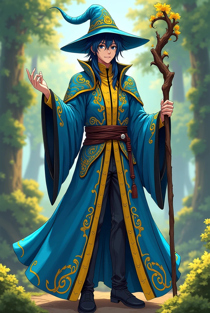 create a blue wizard outfit with yellow and black details with konosuba style a male outfit 