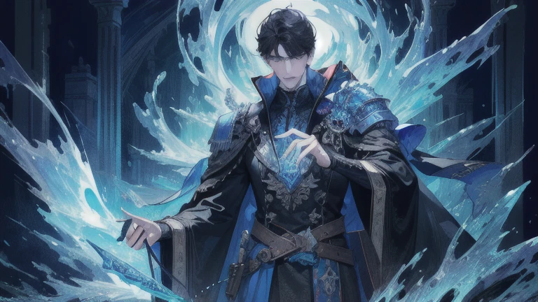(absurdres, highres, ultra detailed), 1 male, adult, handsome, tall muscular guy, broad shoulders, finely detailed eyes, dark color hair, fantasy, complex pattern, detailed face, throne, magic effect, best ratio four finger and one thumb, ice, bitter cold, cold snap, smile, (dutch angle), closed mouth