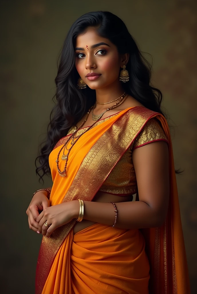 A hot  thick south indian girl in saree with golden blouse with medium  hair with amazing body full picture 
