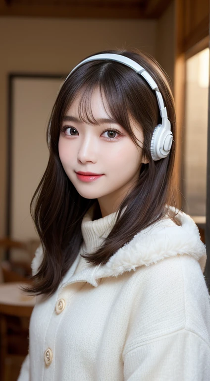 Tabletop, Highest quality, figure, Very detailed, In detail, High resolution, 8k wallpaper, Perfect dynamic composition, Beautiful attention to detail, Fluffy winter clothes,Medium Hair,small ,Natural color lip,smile,Grand Mansion(room)、20-year-old girl、cute、A sexy look for the camera,Perfect and beautiful face,Take close-up photos of your face,Photograph only the face from the front,Blur the background,Wearing white headphones,KPOP idol faces、The face of the Japan idol、Beautifully detailed face、a small face、Big eyes、Blur the background
