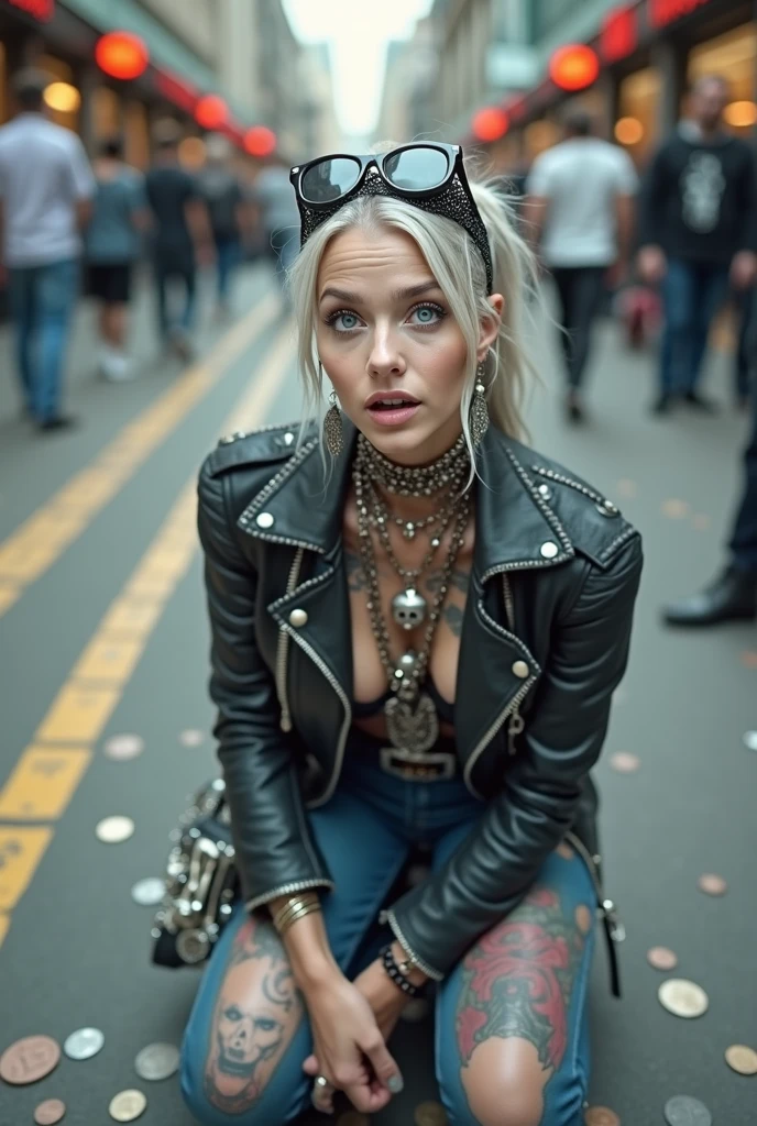 russian milf woman, grey hair (middle part, ponytail) and oversize colourful bandana as headband, with very light blue eyes, extremely pale. Wearing expensive studded cropped black moto jacket with lots of zippers and pins, colourful rhinestones push up bra , dark skinny blue jeans with worn knees and pointy black Chelsea boots with cuban heels . Lots of metallic bracelets and collars. Tacky wide studded leather belt with oversized skull and bones buckle. Long bohemian earrings. Squatting, looking at the camera, humble facial expression. Tilted head. Her studded black leather tote bag with chains next to her. Listening in amazement to somebody speaking to her, toned six pack abdominals, thin neck, slim legs and thin arms. Tattoed heavily. A lot of people around looking at her, next to her, coins and all her belongings on the floor