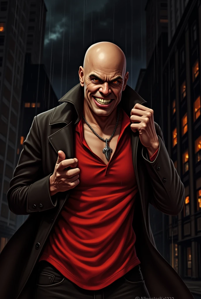 a man with an evil smile buttoning his shirt, raining in the city, fire burning in the background, Shaved head, red edge lighting, 8k, HD, [Sincere, aficionado], cinematic lighting, Upper part of the body, Very detailed face, close up, serious face, villain