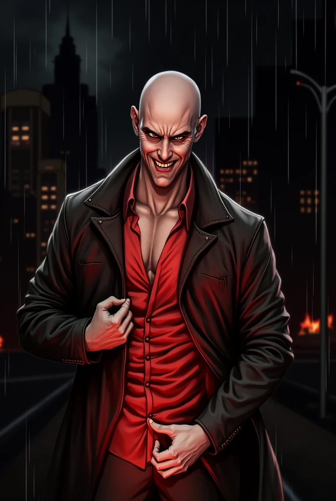 a man with an evil smile buttoning his shirt, raining in the city, fire burning in the background, Shaved head, red edge lighting, 8k, HD, [Sincere, aficionado], cinematic lighting, Upper part of the body, Very detailed face, close up, serious face, villain