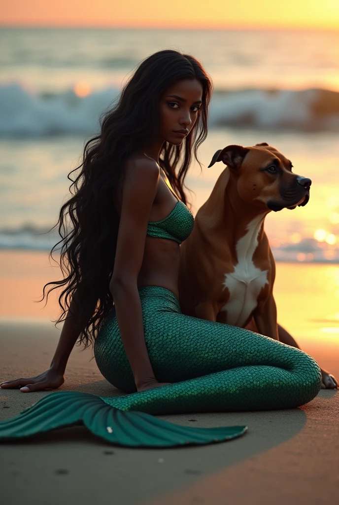 Make a dark brown skinned Mermaid sitting on the beach sand next to a yellow almost brown Pitbull