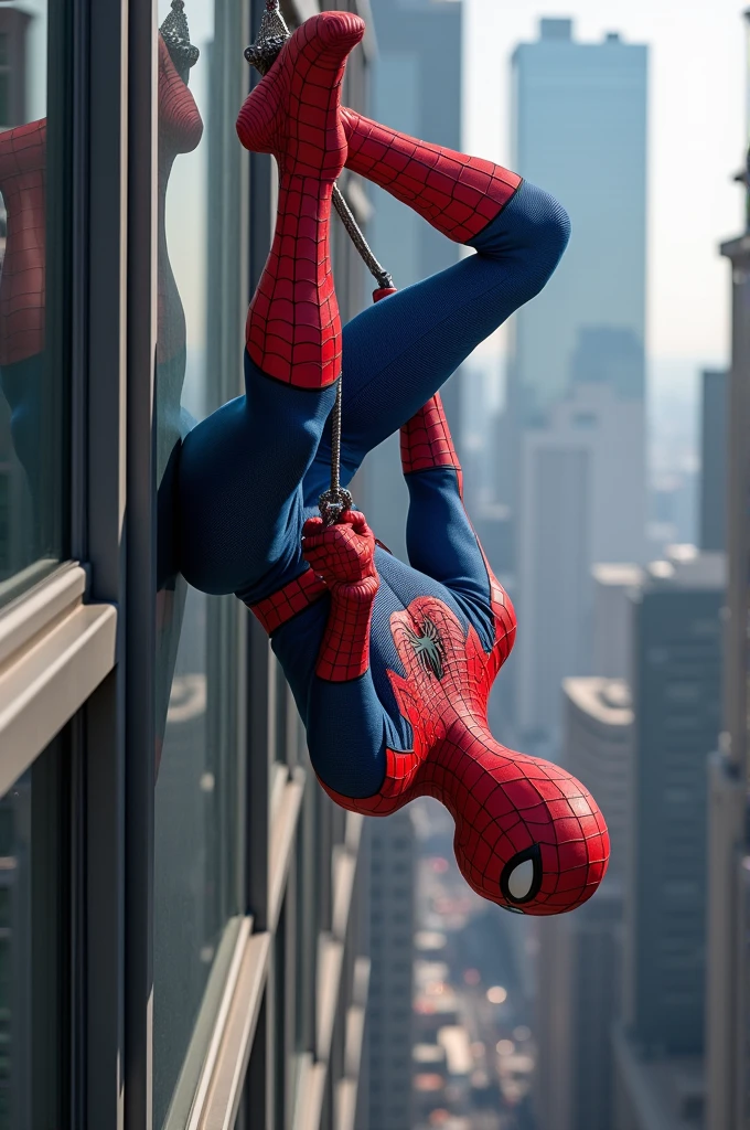 Spiderman hanging from a building