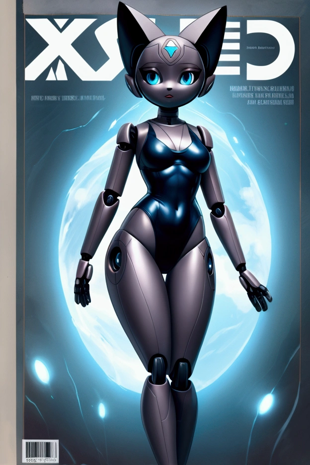 Little slim female robot kitty with nice big thighs and wearing a swimsuit and she's on the cover of a comic and it's titled dex.