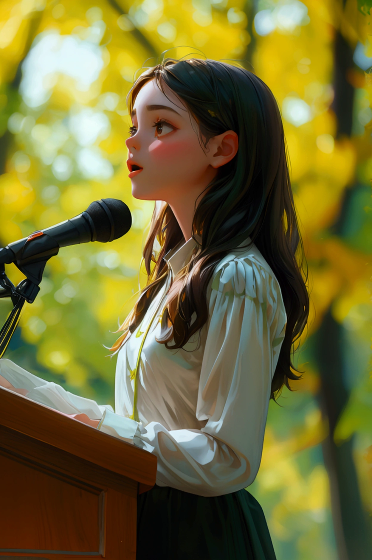 A girl standing at a podium, passionately speaking about the benefits of green trees, full girl, cute girl, very beautiful background 