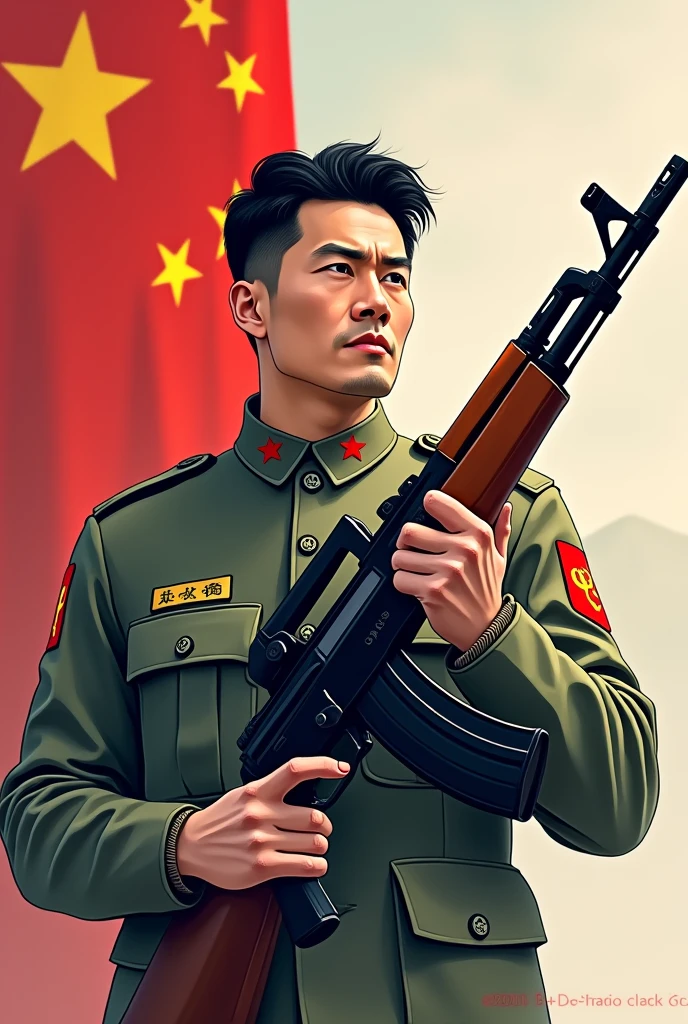 (The background is transparent)(There is a complete one)(On the left is the five-star red flag) (A handsome Chinese man in a cartoon head wearing camouflage military uniform holding an AK47 submachine gun in one hand)(The theme is"If there is a war,Must return when summoned!",The font must be strong and powerful)(The whole picture looks very loving.)(The picture has high-tech weapons from science fiction)