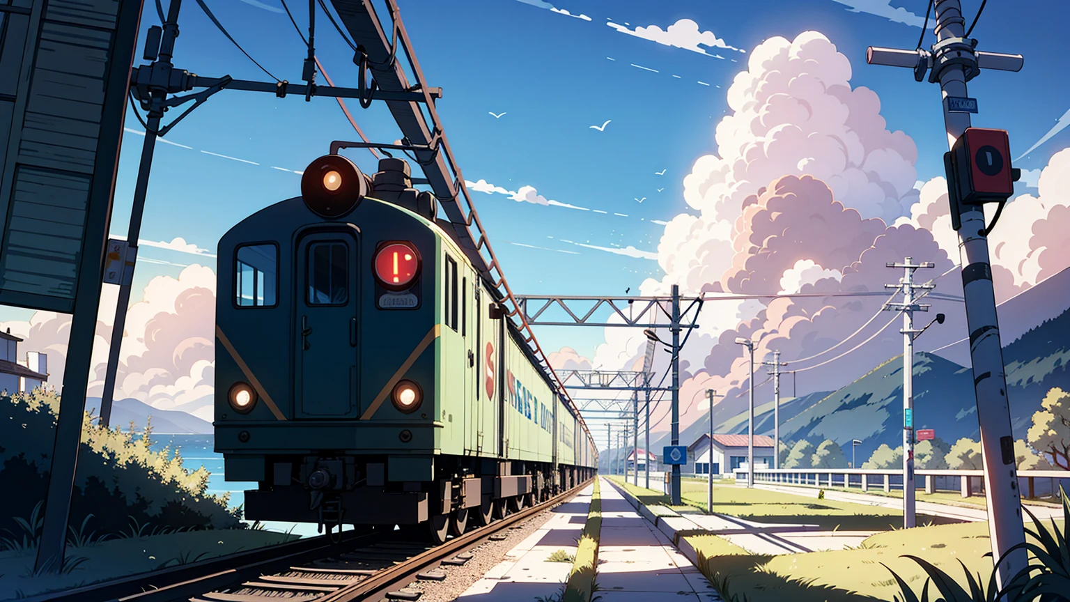 (best quality), ((masterpiece)), (highres), illustration, original, extremely detailed, 1girl, headphones, solo,there is a train crossing on the tracks near the ocean, beautiful anime scene, ( ( makoto shinkai ) ), anime landscape, beautiful anime scenery, anime movie background, makoto shinkai. —h 2160, makoto shinkai cyril rolando, anime beautiful peace scene, anime background art, anime scenery, anime background, colorful anime movie background