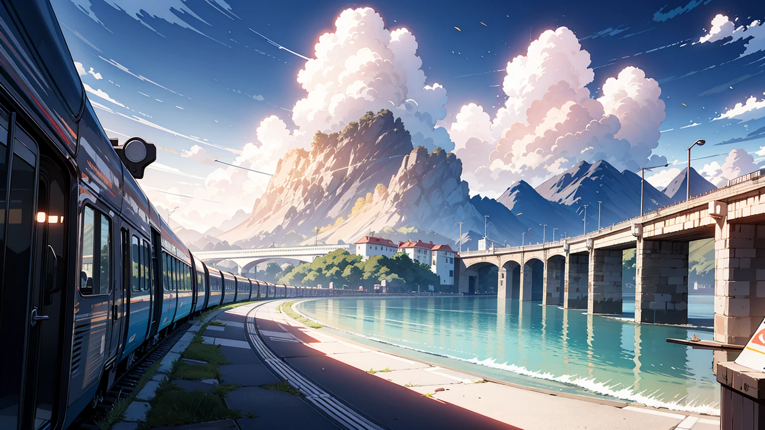 (best quality), ((masterpiece)), (highres), illustration, original, extremely detailed, 1girl, headphones, solo,there is a train crossing on the tracks near the ocean, beautiful anime scene, ( ( makoto shinkai ) ), anime landscape, beautiful anime scenery, anime movie background, makoto shinkai. —h 2160, makoto shinkai cyril rolando, anime beautiful peace scene, anime background art, anime scenery, anime background, colorful anime movie background