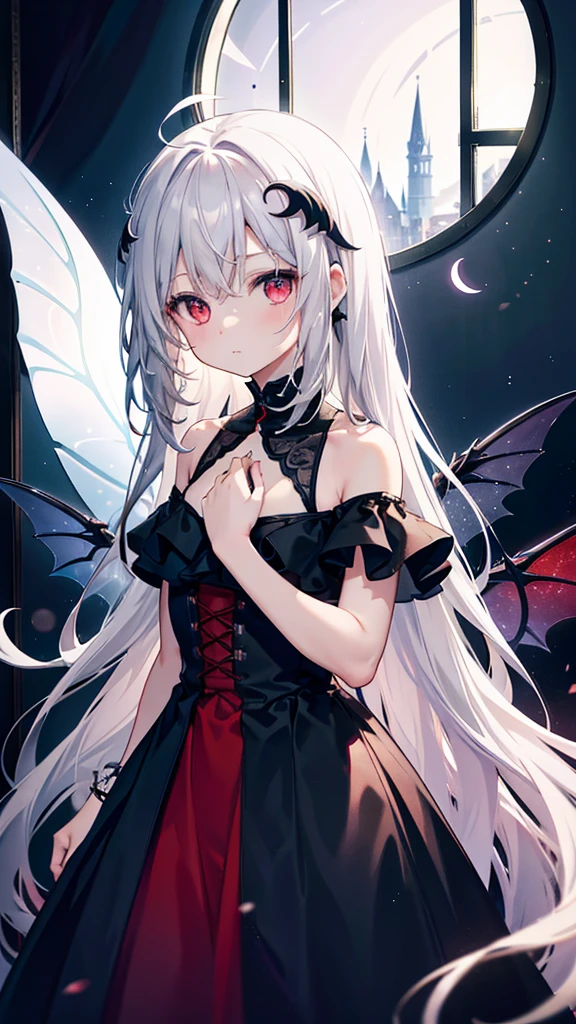 One person, solo, Long Hair, High resolution, chest, Long Hair, Gray Hair, Ahoge, High resolution, masterpiece, Highest quality, Simple Background, Red eyes, Open your mouth a little, dark、night、Crescent Moon、White dress、noble、Lady、Light shines in like a spotlight from the only window、Very small window、Window with iron bars、Round window、High up windows、Fantasy、moonlight、night, Simple Background, Overlooking, Fisheye Shot, dark、Reaching for the light、night、dark、The lower part of the background is reddish black、The upper part of the background is black、high ceiling room,
fry to the sky,two fairy wings from her shoulders,