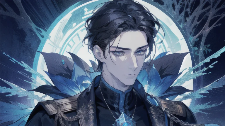 (Absurd, High resolution, Super detailed), 1 male, Adult, good looking, Tall and muscular man, Broad shoulders, Detailed drawn eyes, Dark Hair, Fantasy, Complex patterns, Detailed face, Throne, Magical Effects, The optimal ratio is four fingers to one thumb, ice, intense cold, Cold wave, smile, (Dutch Angle), Mouth closed
