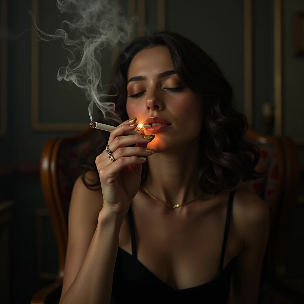 "Create a realistic image of an exquisite woman with perfectly symmetrical features, holding a handful of lit cigarettes close to her face, her eyes closed in a moment of pure happiness. The room is filled with dense smoke that swirls around her, emphasizing her deep love for the act of smoking. The background includes a dimly lit, elegant room with vintage decor, where the air is thick with smoke."