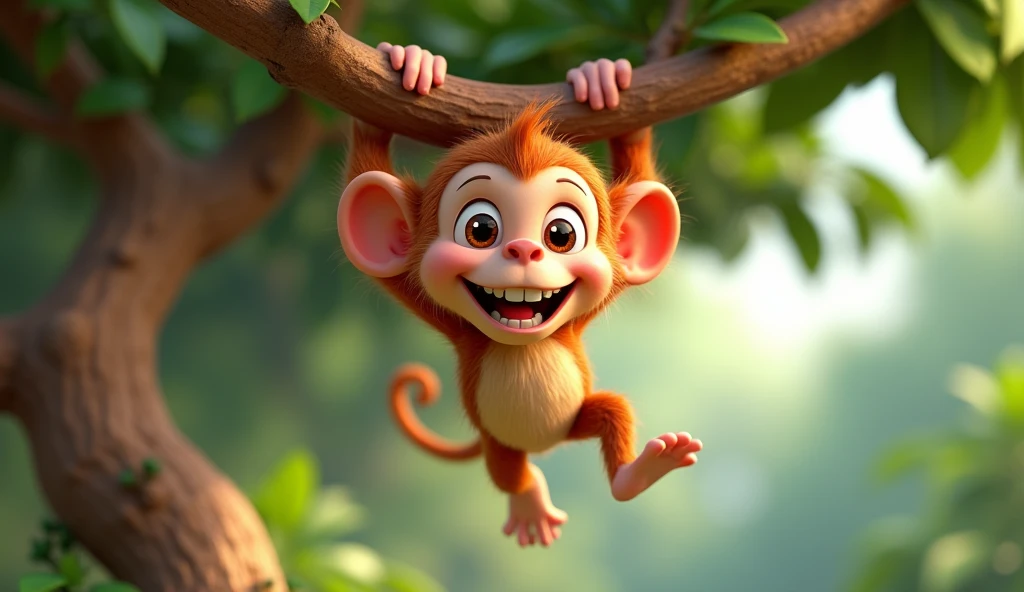 3d cartoon A playful ey (Mickey) Who is hanging from a tree and smiling at the viewer. He has a look of joy and mischief on his face.