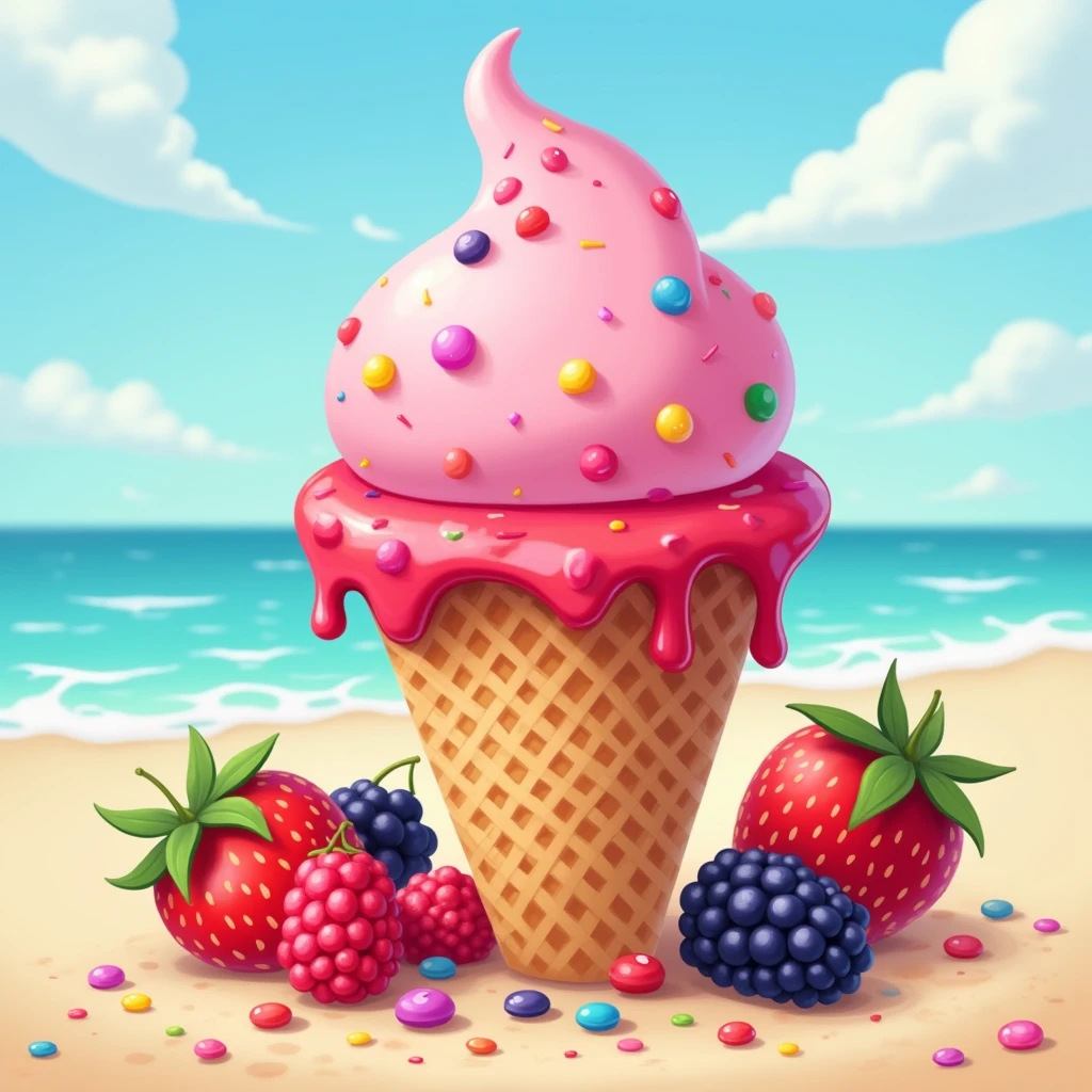 Create a round pink ice cream cone，Top with strawberry jam and colorful chocolate chips，Ice cream cone below. With the beach as a backdrop，Surrounded by cone-shaped strawberries and blackberries，Disney cartoon style