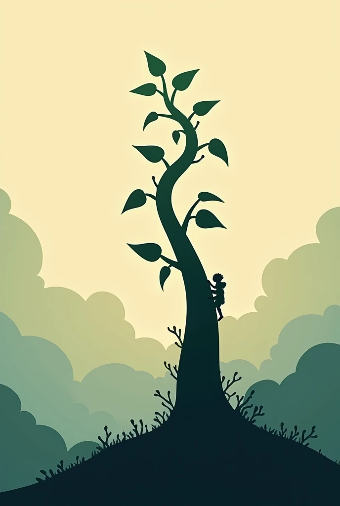 Minimalist silhouette art inspired by Olly Moss, depicting a scene from Jack and the Beanstalk.
Show Jack climbing the massive beanstalk that reaches up into the clouds. The beanstalk should be a towering silhouette, with Jack as a small figure in contrast. Use a limited color palette, with a strong contrast between light and shadow. The background could show a gradient from dark at the bottom, representing the ground, to light at the top, symbolizing the sky and the magical realm in the clouds.