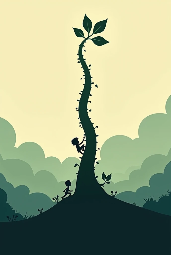 Minimalist silhouette art inspired by Olly Moss, depicting a scene from Jack and the Beanstalk.
Show Jack climbing the massive beanstalk that reaches up into the clouds. The beanstalk should be a towering silhouette, with Jack as a small figure in contrast. Use a limited color palette, with a strong contrast between light and shadow. The background could show a gradient from dark at the bottom, representing the ground, to light at the top, symbolizing the sky and the magical realm in the clouds.