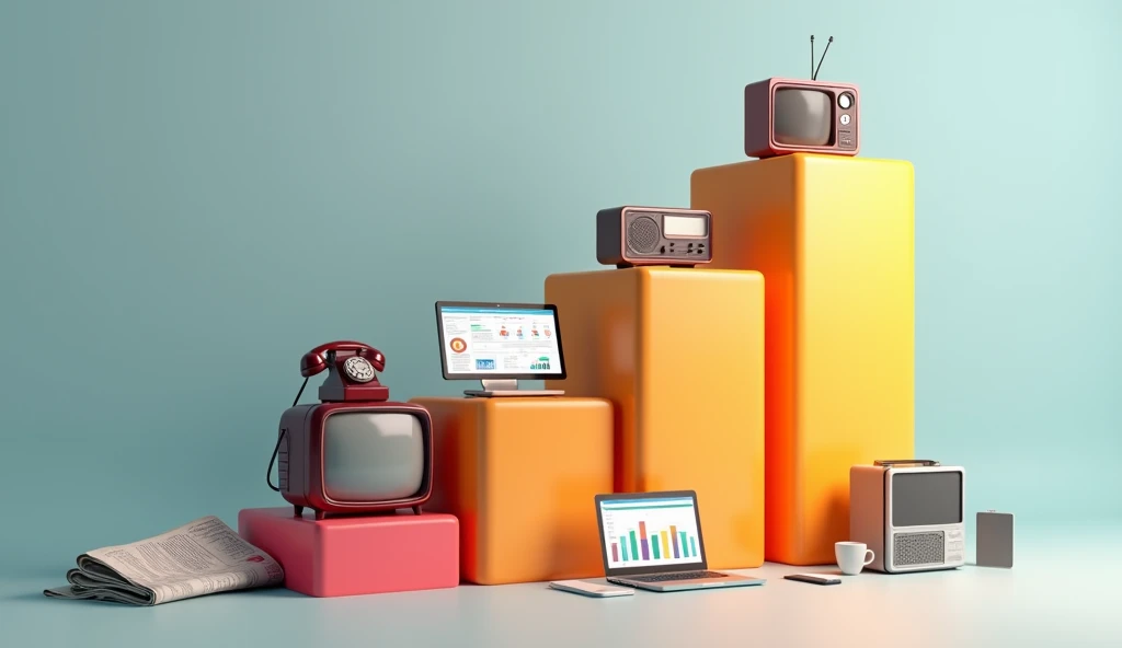 Create a 3D realistic bar chart with four bars representing the evolution of marketing tools, arranged from low to high.
The bars should be designed to look like they are made of solid, polished material, each progressively taller and brighter from left to right.
Lowest Bar (Leftmost):
Represent old-time marketing tools. Place a stack of newspapers with some sheets hanging off, and an old rotary phone in dark red color at the base of this bar.
Second Bar:
Depict mid-century marketing tools. Include a retro TV set with an antenna on top, displaying a black-and-white screen, next to an old-style radio.
Third Bar:
Show early digital marketing tools. Add a desktop computer with a simple web browser open and a basic smartphone with a monochrome screen placed near it.
Highest Bar (Rightmost):
Represent modern marketing tools. Feature a sleek laptop with a vibrant digital marketing dashboard on the screen, surrounded by various colorful digital marketing icons (e.g., social media logos, a rocket, graphs). Include a smartphone and a white coffee cup as well.
Composition and Angle:
The bar chart should be viewed from a slightly low angle, making the highest bar appear more prominent and emphasizing the progression.
The camera should be centered, capturing the full height and details of each bar, ensuring that the tools are clearly visible and well-lit.
Lighting and Style:
Use realistic lighting to highlight the different textures of the tools, with soft shadows to add depth and dimension.
The colors should transition from muted, vintage tones on the left to bright, modern colors on the right, symbolizing the evolution from old to new.
