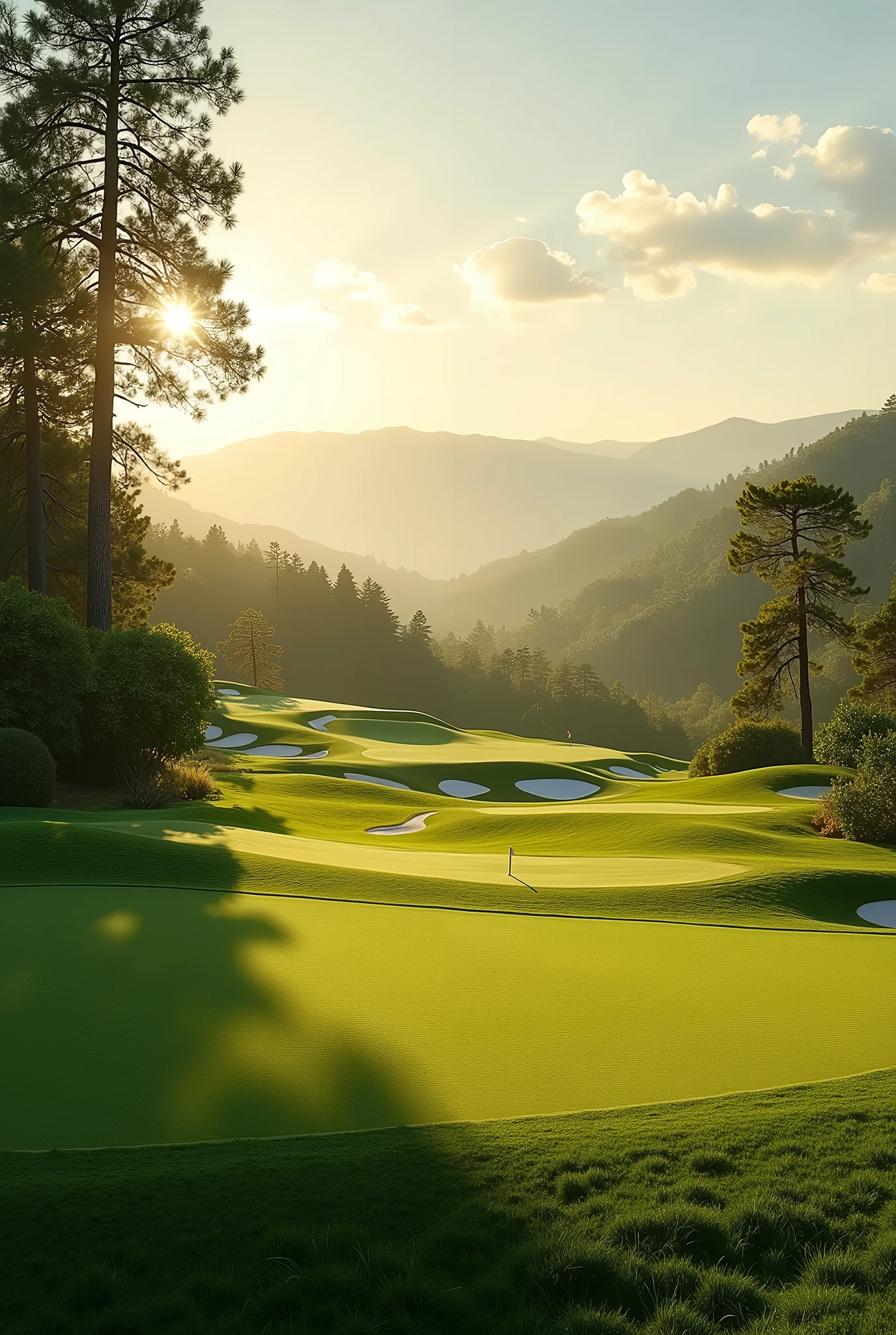 Overlooking the golf course,There are trees around, perfect green fairway, Golf course in the background, royal green and nature light, Camelot GC, Top quality,High image quality,masterpiece,Sony A7 shooting,Photography Masterpieces,Use 24-300mm1.6 shots of flat grass,Extending to the distant horizon, there are mountains and sky,The grass takes up more than half of the picture,raw,, breathtaking composition, Stunning footage, green pastures stretch for miles, Natural morning light, Shoot in the morning, Perfect view, grass landscape, Prime hour in the morning, Dramatic warm morning light