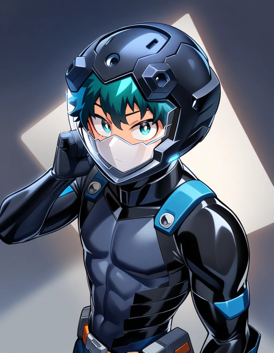 masterpiece, best quality, very aesthetic, absurdres, 1boy, male focus, Izuku Midoriya, My hero academia, looking at viewer, black plug suite, black eva helmet, clear glass,