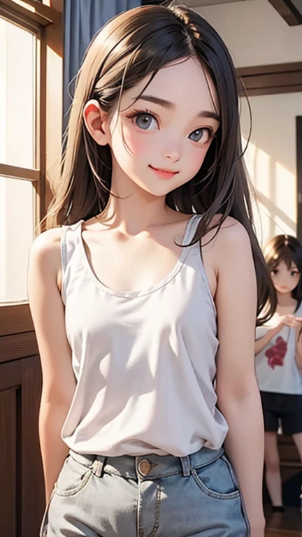 (Cowboy Shot),(Perfect Anatomy,Highest quality、超High resolution、High resolution、Highly detailed CG、8K Unit Wallpaper),20-year-old、alone,Beautiful attention to detail,Black Hair,Short Bob Hair,Blunt Bang,Wet Hair,(Small breasts,Slender body,skinny,Sweat),Glowing Skin,Oily skin,(Wet clothes、Punk Fashion,tight black tank top、Perfect white panties、barefoot),Sitting,Simple bed、(indoor、山小屋のindoor),