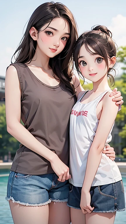 Highest quality、Realistic、zoom、Two people、Alongside、Girls and boys、twins、The same face、Same height、cute、Grey Eyes、Light brown hair、、White tank top、Shorts、thin、Gazing at each other、smile、living、Bust Shot
