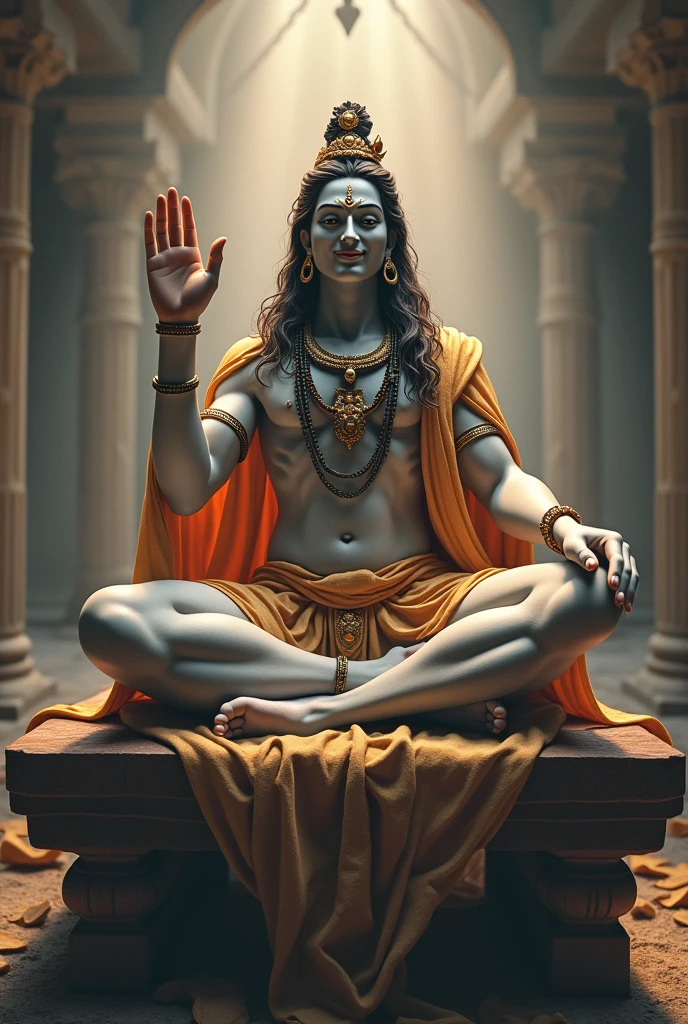 Shiv ji sitting on wooden loft, smiling and giving blessings by one hand up
