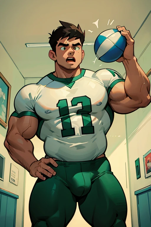 Danny Phantom, ghost, hypnosis, jock, conversion, locker room hallway, hyper muscles, jockstrap, bro, meathead, hypnotized, brainwashed, brainwashing, big dumb jock, football. Danny Fenton is hypnotized by Dash to become another dumb football jock bro. Glowing green eyes. Hyper crotch bulge. Massive bulging crotch. Big balls. Big biceps. Big triceps. Big traps. Broad shoulders. Big meaty pecs. Big thighs. Thick glutes. Football team assimilation. Black hair. Deep dull voice. glazed expression. dumber and dumber. Open mouth. Clothes turning into a football uniform. Forgetting. "I feel like I ... I ... I'm a ... I'm a .... "Bro, I feel ... kinda ... uhhh ... stupid...? Like, ... my head gets ... dumber, and ... dumber, and ... dumber..... I'll ... be dumb ... for Coach.... Bigger and bigger ... dumber and dumber.... Huhuhuh.... Yes, Coach. A good dumb jock is big and dumb. A good dumb jock's what I'll become.... Must grow big..... Must grow dumb.... Don't think.... Obey Coach.... Yes, Coach, I must obey.... The Big Dumb Jocks are here to stay.... Protect the QB. Whatever you say.... Dash, ... is my quarterback.... Dash ... is my bro.... Bully nerds.... Give wedgies.... Be a jerk.... Yes, Coach.... Yes, Dash.... I obey.... Let's crack some skulls." IQ drain. Dumber and dumber. Meathead. Musclehead. Brute. Brutification. Brainwashing. Brainwashed. Number 13 football jersey. Blonde highlights.