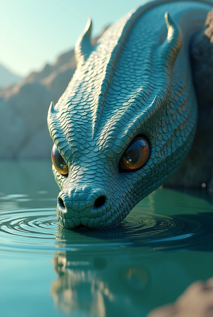 Generate 3d animated cartoon style The colossal head of Kaliya Naag emerging from the water, his scales glistening, and eyes filled with malice