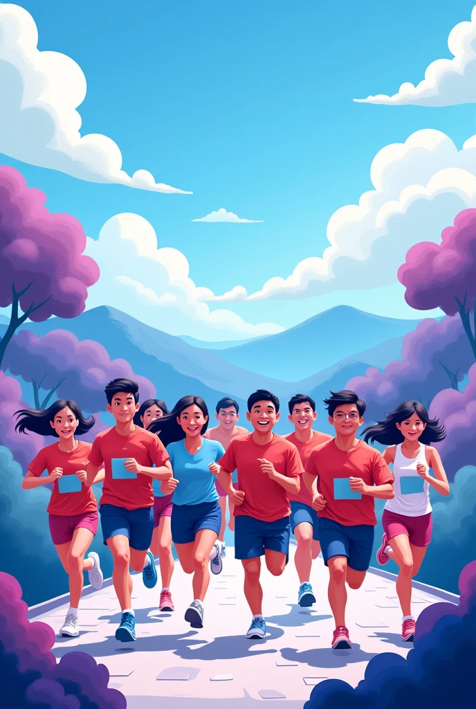 Create an illustration of people running for an event. Title of the backdrop is ‘mental health run’. Main colors are blue and purple. Save the middle space for logo. Asian people in the illustration. Make it a bit more cartoonish