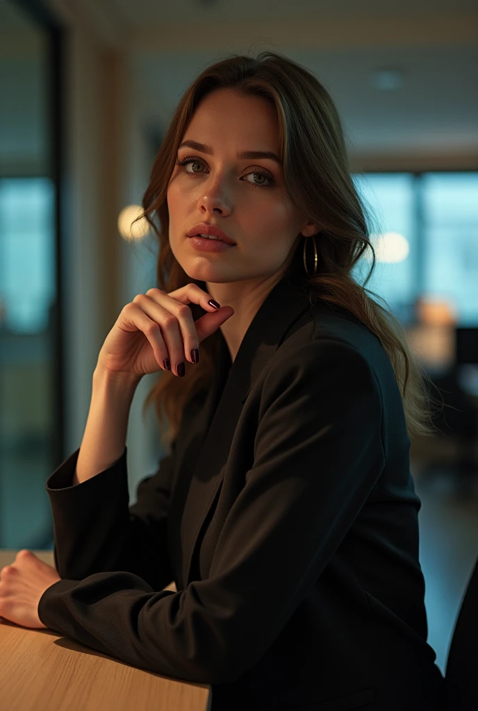 40th anniversary color photograph (German woman:1.3), chic, (inside an office:1.3), at night, flat lighting, (Smooth Saturation:1.2), analog style,