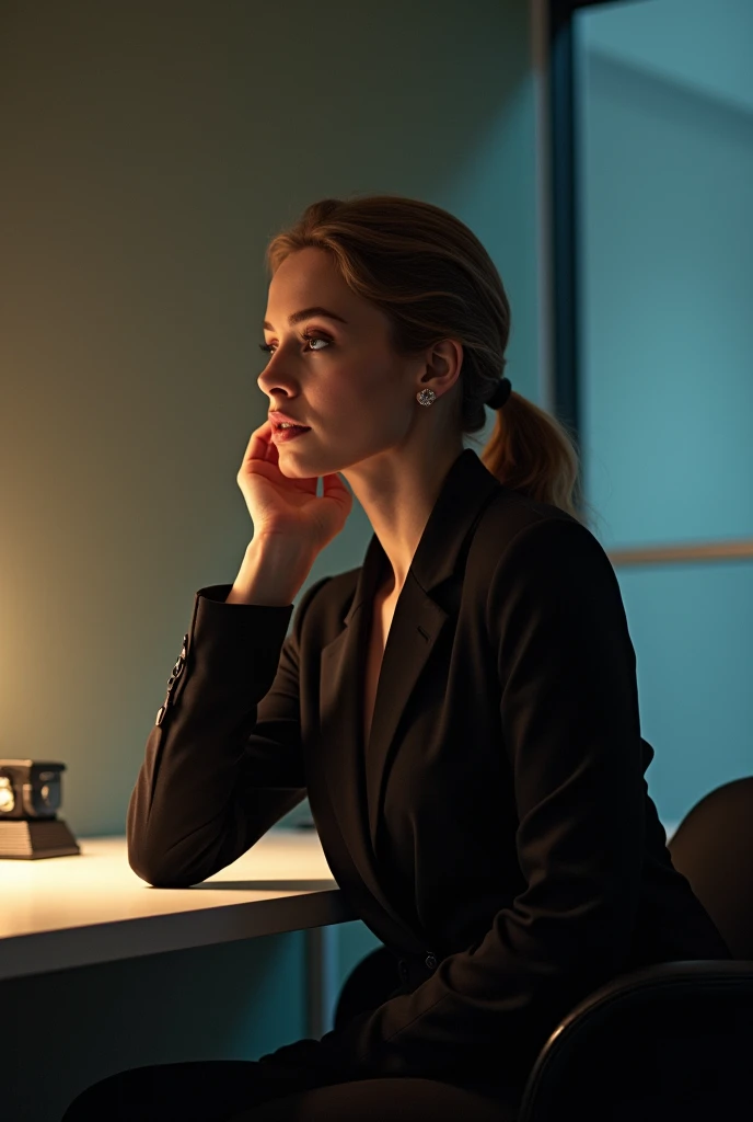 40th anniversary color photograph (German woman:1.3), chic, (inside an office:1.3), at night, flat lighting, (Smooth Saturation:1.2), analog style,
