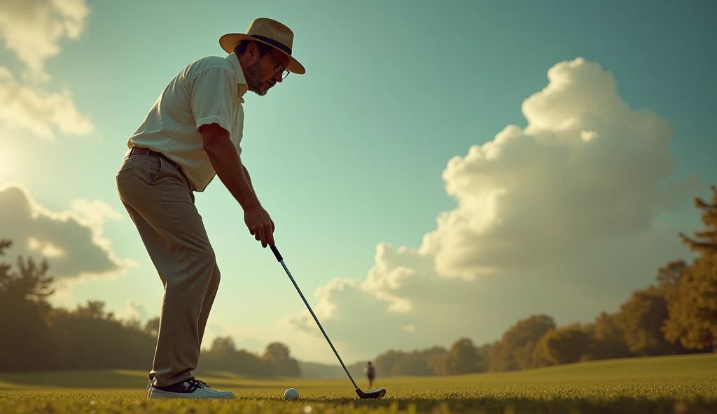 Man playing golf.，Surreal photos，Looking at the audience,Wearing glasses for myopia，Wearing a sun hat，whole body。
