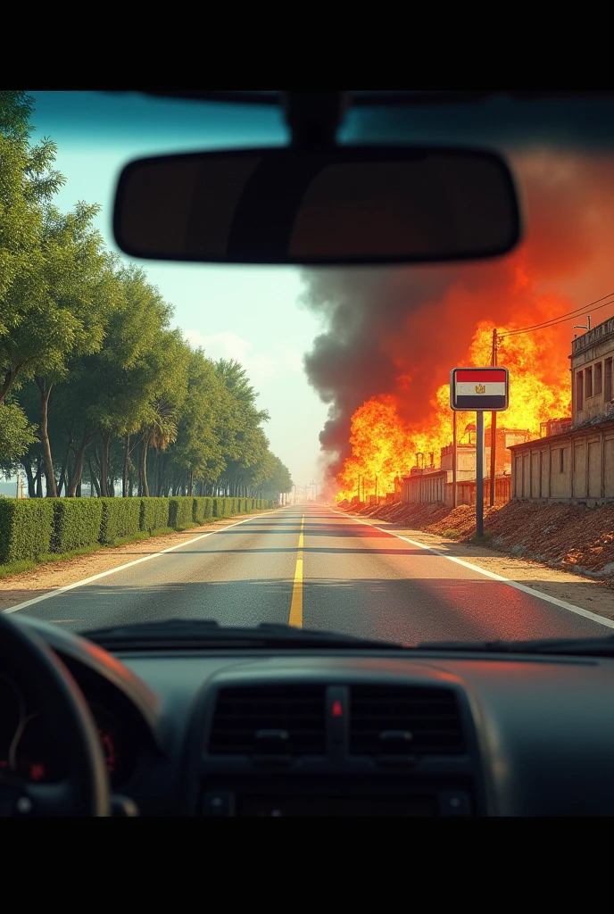 "The first scene is viewed from inside a car, showing a beautifully paved road ahead with vibrant green scenery on both sides. The second scene is reflected in the car's rearview mirror, where the reflection reveals a city entirely engulfed in flames. A sign with the Egyptian flag, half of it burning, is also visible in the mirror."