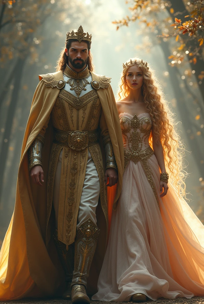 Perfect tall and handsome short dark hair king walking with perfect beauty sexy princess with so long curly blonde hair in the dream world 