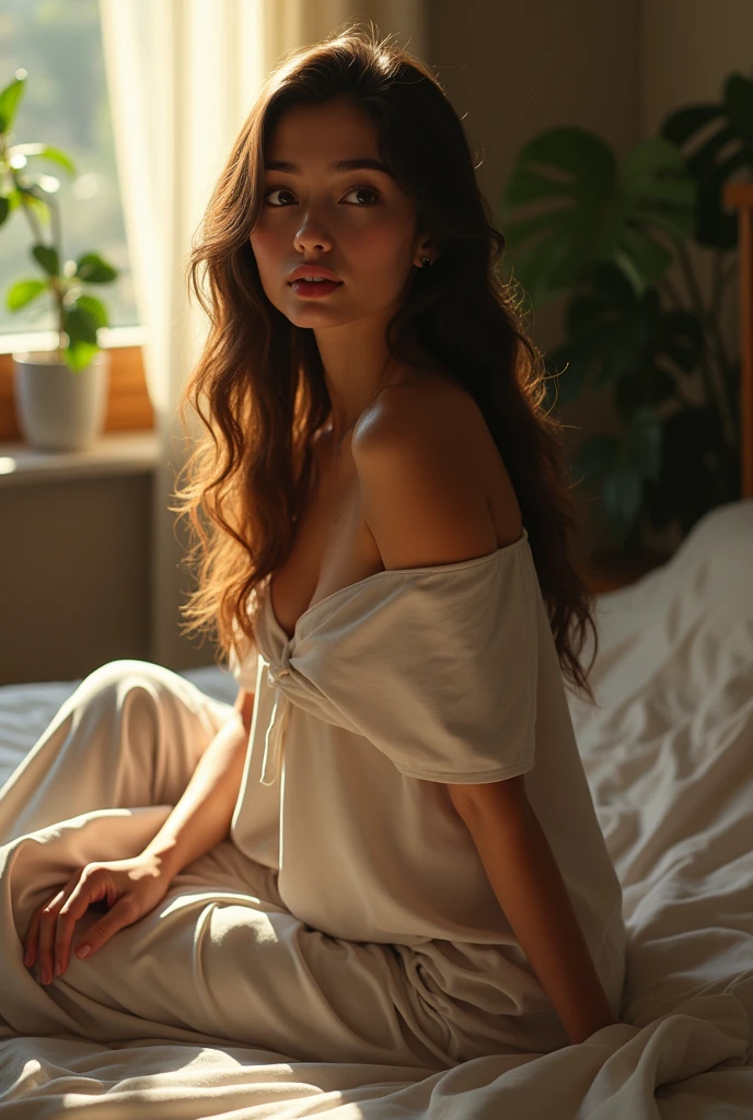 (photorealism:1.2), beautiful woman, sitting on bed, wearing loose off-shoulder top, pajama pants, long curly hair, indoors, soft lighting, plants in background, window with sunlight, cozy room, relaxed pose, realistic, intricate details, warm colors, by Greg Rutkowski, by Alphonse M