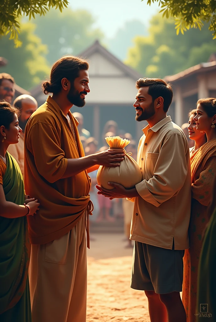 Reward Ceremony: The wealthy man, impressed by Ramu’s honesty, hands over a bag of money and a document for a new house to Ramu, who stands humbly with his family, surrounded by other villagers watching the event.

