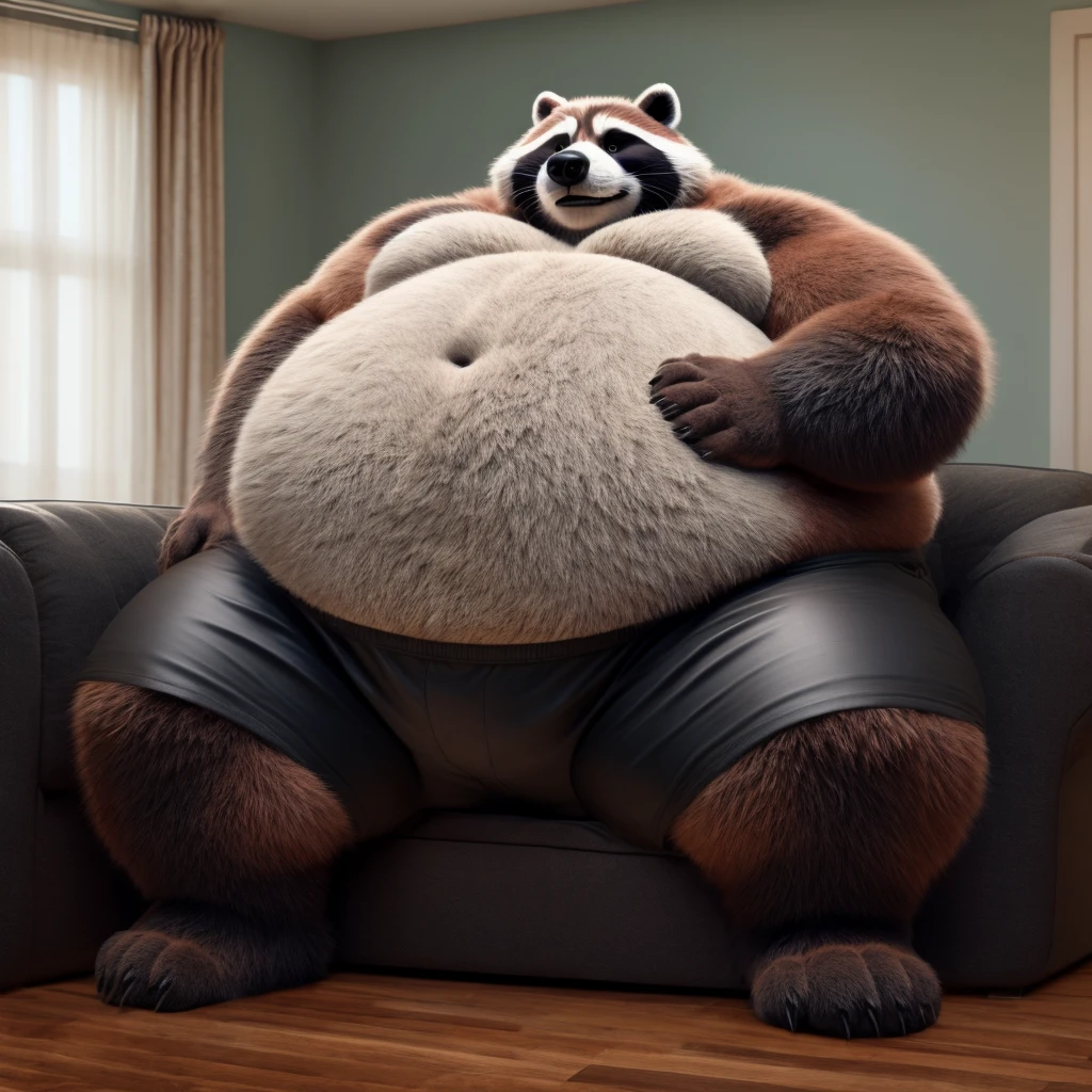 Fat Huge 450 Pounds Daddy Furry Raccoon Big Belly and Large Chunky body and wearing Black Shorts and sitting on the sofa His Belly is Bigger, Huge, Fat, Chunky, Furry Full,and Stuffed