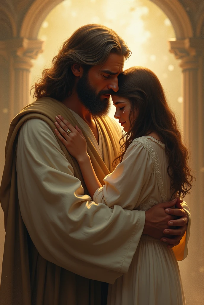 draw God comforting a ager girl crying in his arm