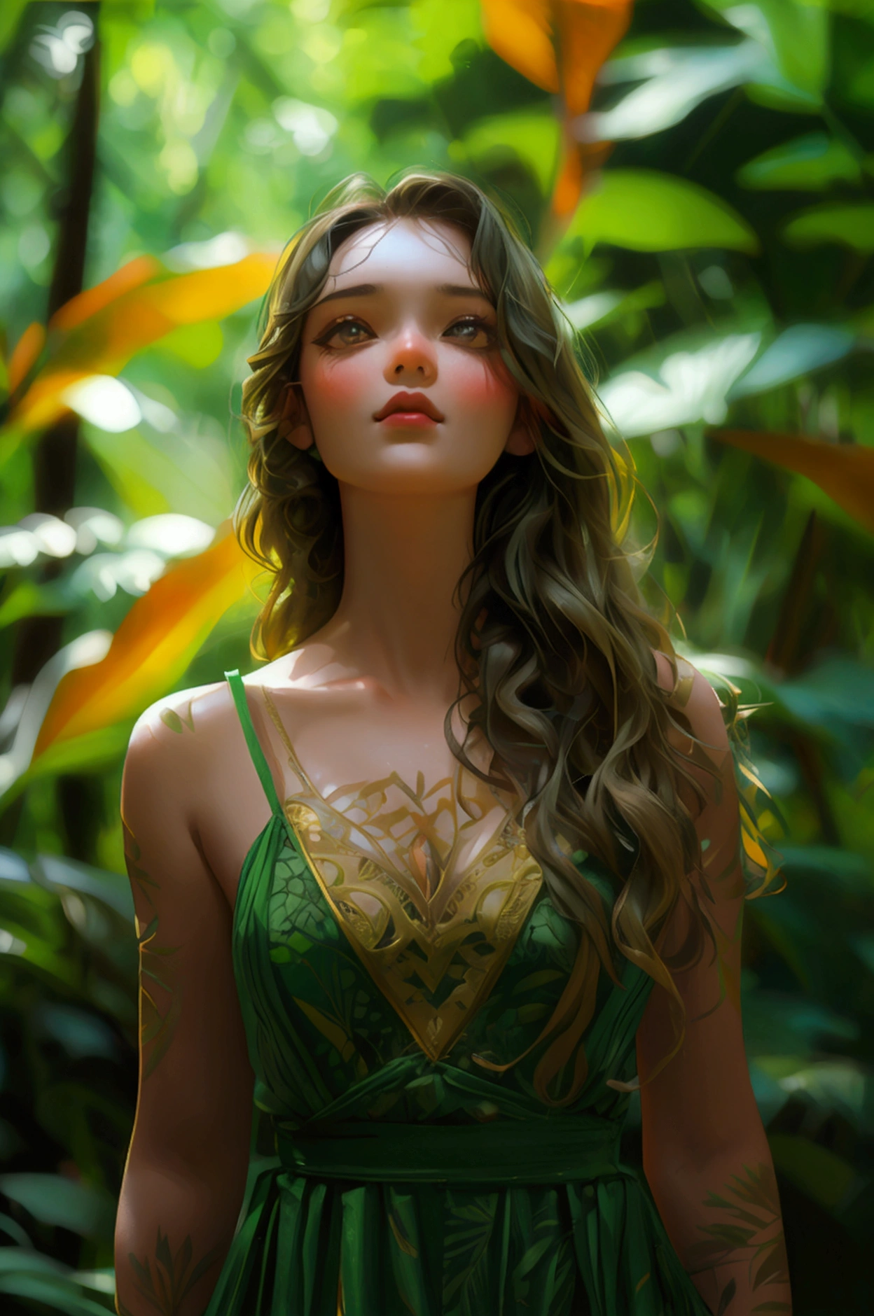 A girl standing in a jungle , passionately speaking about the benefits of green trees, full girl, cute girl, very beautiful background wearing green dress