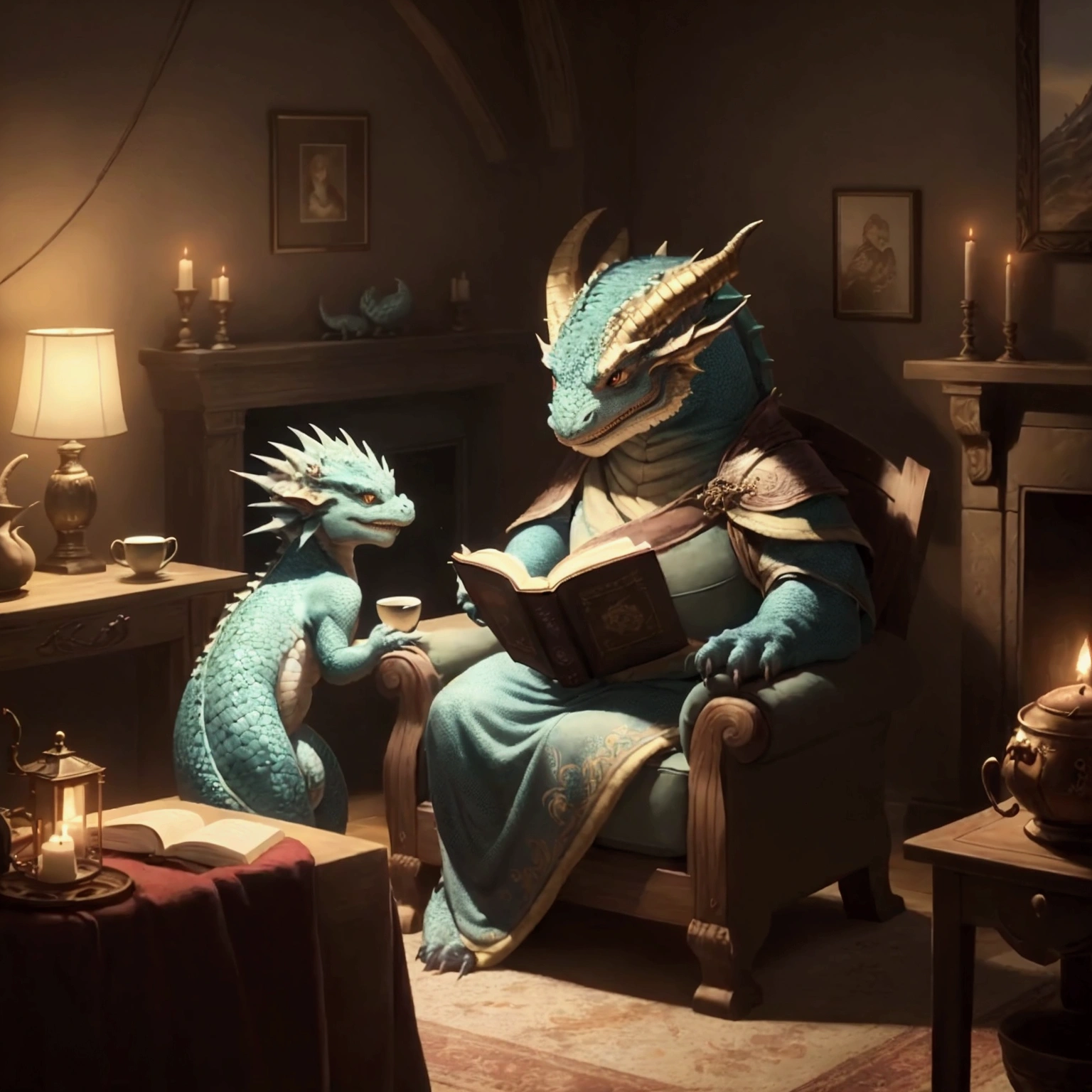 "A cozy scene unfolds in a warmly lit room filled with the soft glow of candles and a crackling fire in the hearth. A large, wise dragon, with scales shimmering in the golden light, sits comfortably in a plush armchair, engrossed in a book titled *Game of Thrones*. Beside the dragon, a smaller, younger dragon nestles closely, listening intently as if the story were being read aloud. The walls are adorned with framed images of other dragons, adding to the sense of history and wisdom in the room. A steaming cup of tea rests on a side table, completing this peaceful moment shared between a parent and child in a world where dragons read and learn just like humans."