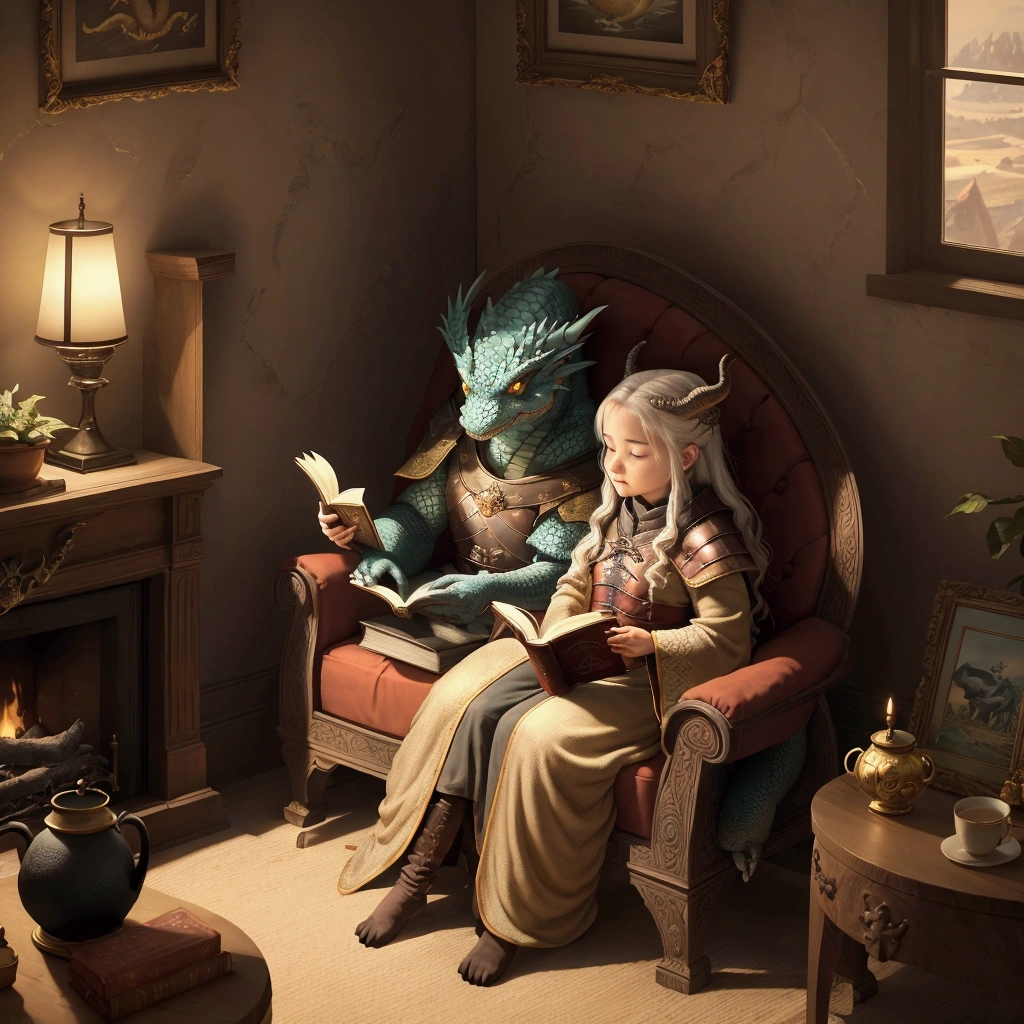 "A cozy scene unfolds in a warmly lit room filled with the soft glow of candles and a crackling fire in the hearth. A large, wise dragon, with scales shimmering in the golden light, sits comfortably in a plush armchair, engrossed in a book titled *Game of Thrones*. Beside the dragon, a smaller, younger dragon nestles closely, listening intently as if the story were being read aloud. The walls are adorned with framed images of other dragons, adding to the sense of history and wisdom in the room. A steaming cup of tea rests on a side table, completing this peaceful moment shared between a parent and child in a world where dragons read and learn just like humans."