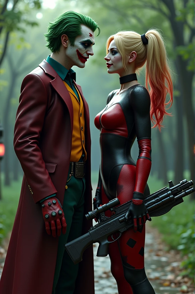 joker stand and beside Harley Quinn holding a Hi-Tech gun and stand in a park.Make the image realistically