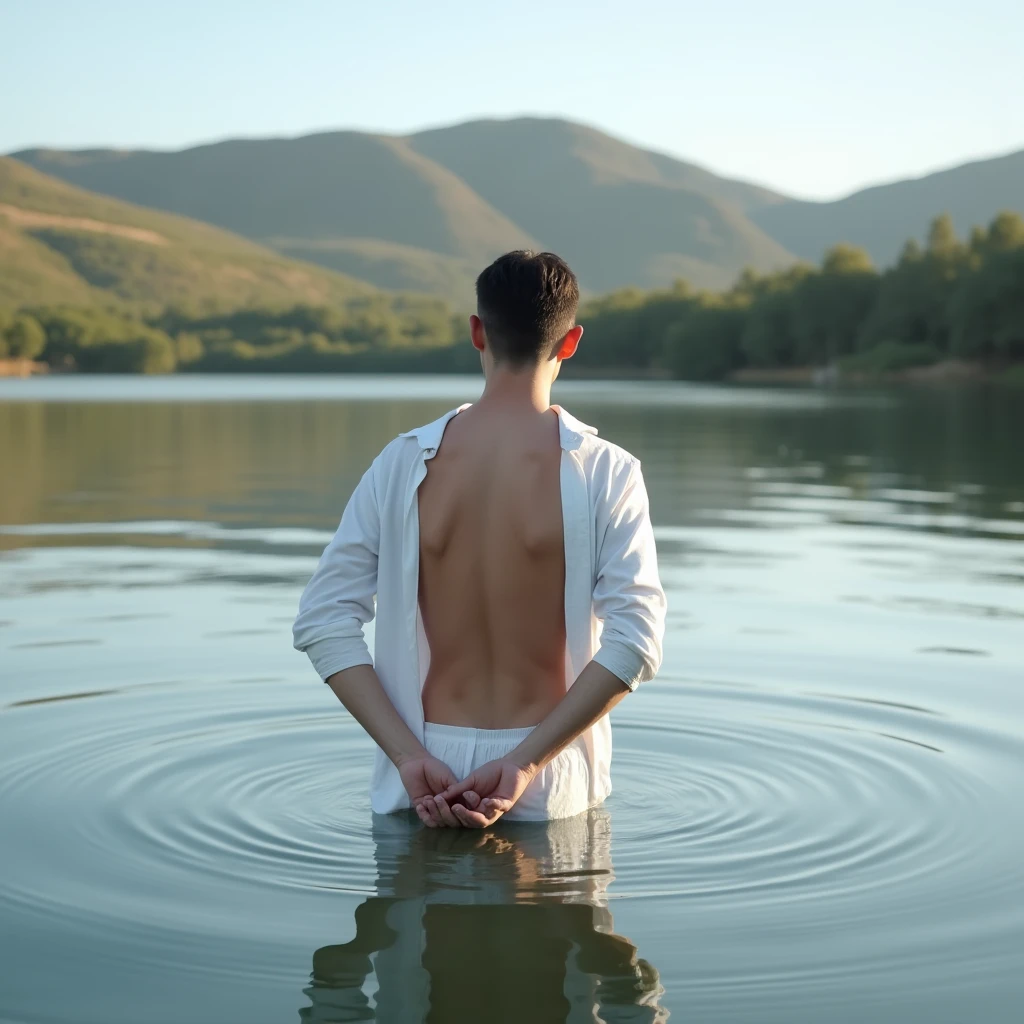 A white man, at 33 years old, Scrawny, with short dark hair, with clear eyes, wearing a complete white shirt, boxers, standing backwards, looking at the camera , with hands on ass in a lake in Alentejo 