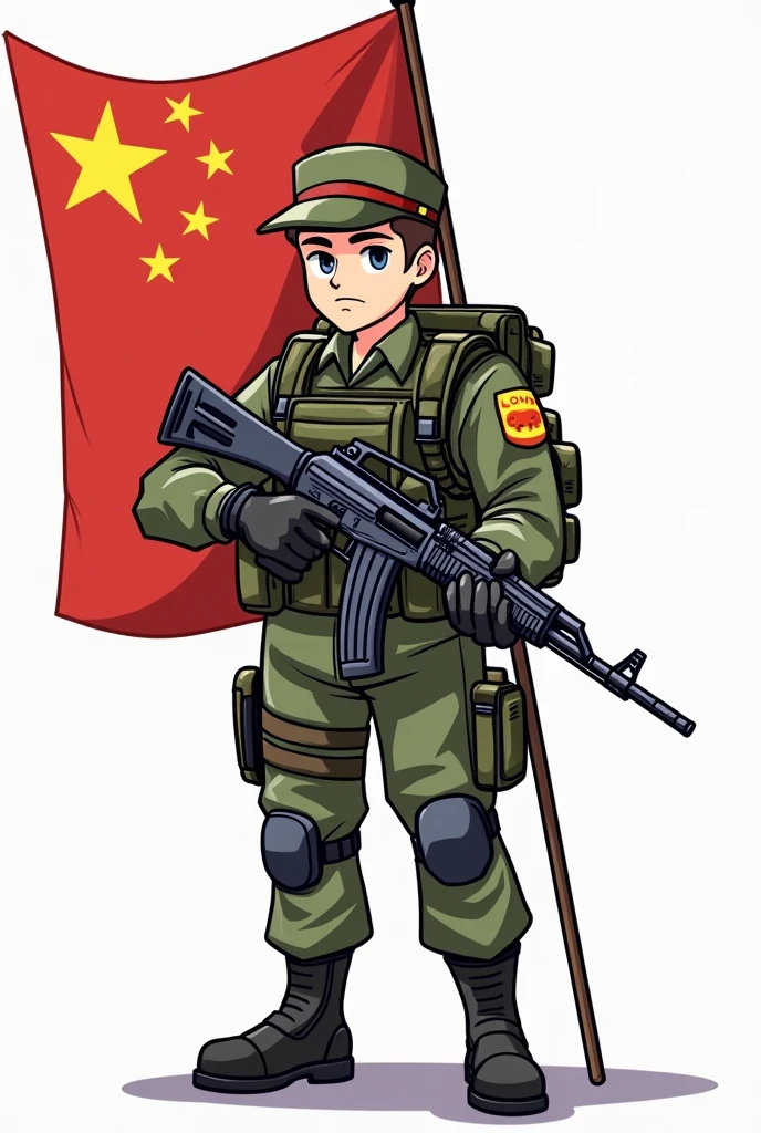 (The background is transparent)(There is a complete one)(On the left is the five-star red flag) (A cartoon character in camouflage military uniform holding an AK47 submachine gun in his right hand)(The theme is"If there is a war,Must return when summoned!",The font must be strong and powerful)(The whole picture looks very loving.)(The picture has high-tech weapons from science fiction)