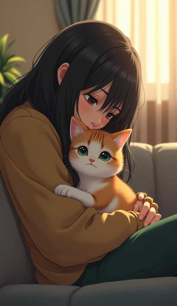 A cat snuggles up to its owner, who is feeling down, offering quiet comfort. The owner sits on the sofa, with the cat gently nestled beside them. The cat’s large eyes are full of kindness, trying to soothe the owner’s heart. The room is softly lit, creating a warm and comforting atmosphere.Realistic、4K.8k.Realistic cat and master、My husband is a Japanese girl